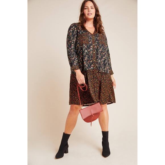 Maeve Anthropologie Marlie Button-front Chambray Tunic dark tiny florals size 14 - Picture 1 of 10